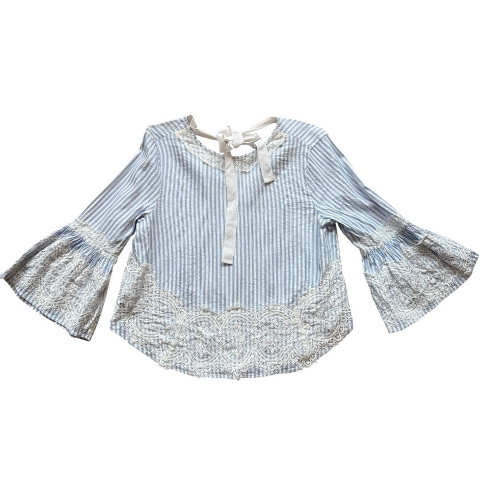 ZARA Woman Blouse Womens M Blue & White Striped Lace Trim Bell Sleeve Tie Back